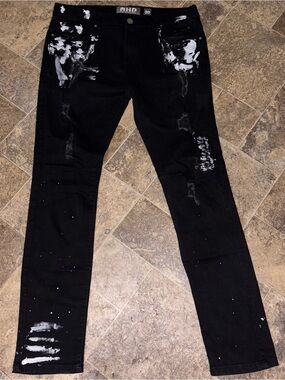 AHP JEANS Black Distressed Men’s Jeans with White Paint Details